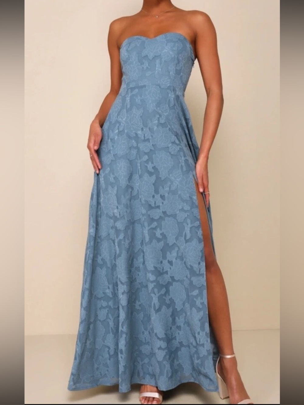 Lulus NWT Garden of Romance Dusty Blue Floral Burnout Strapless Maxi Dress S